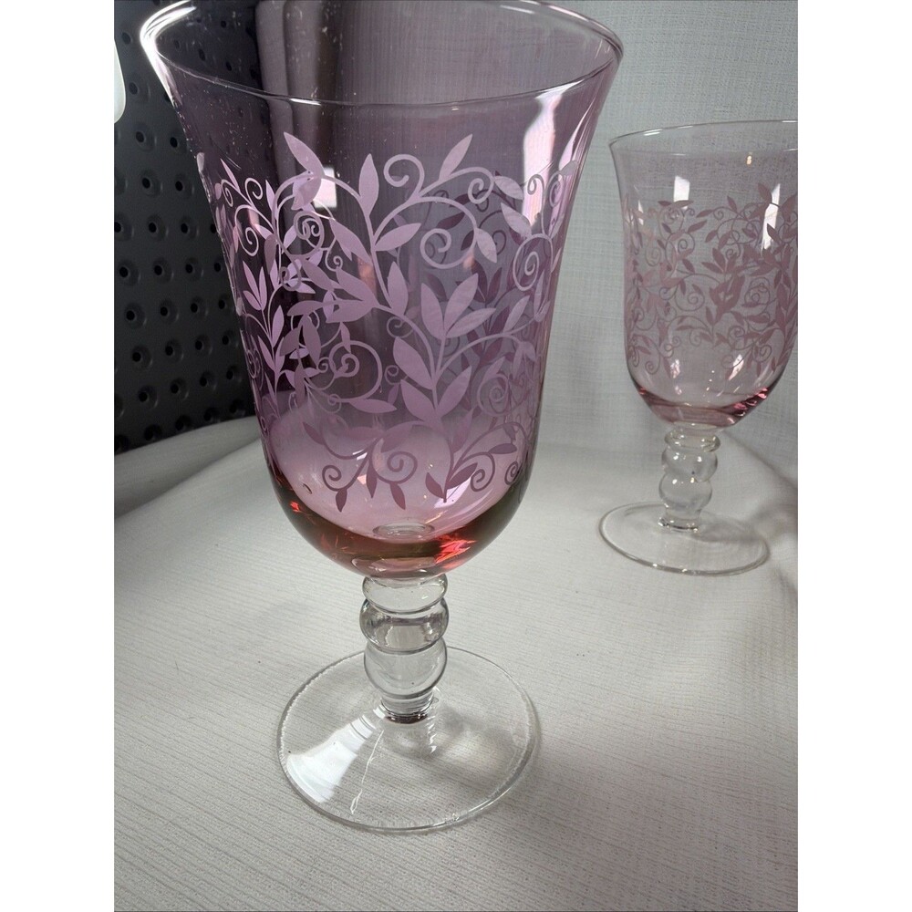 Set of 4 RONA Slovakian Amethyst Lavender Etched Leaf Vine Wine Water Goblets